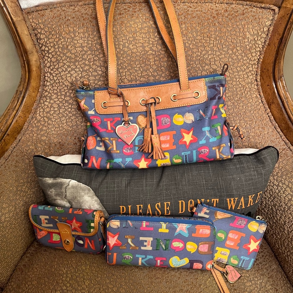 Y2K Dooney and Bourke denim blue rainbow monogram bag set